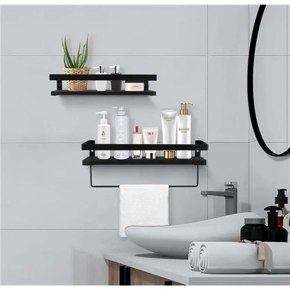 Bathroom Storage Shelf Wall Mounted Set of 2 with Removable Towel Bar (Black)
